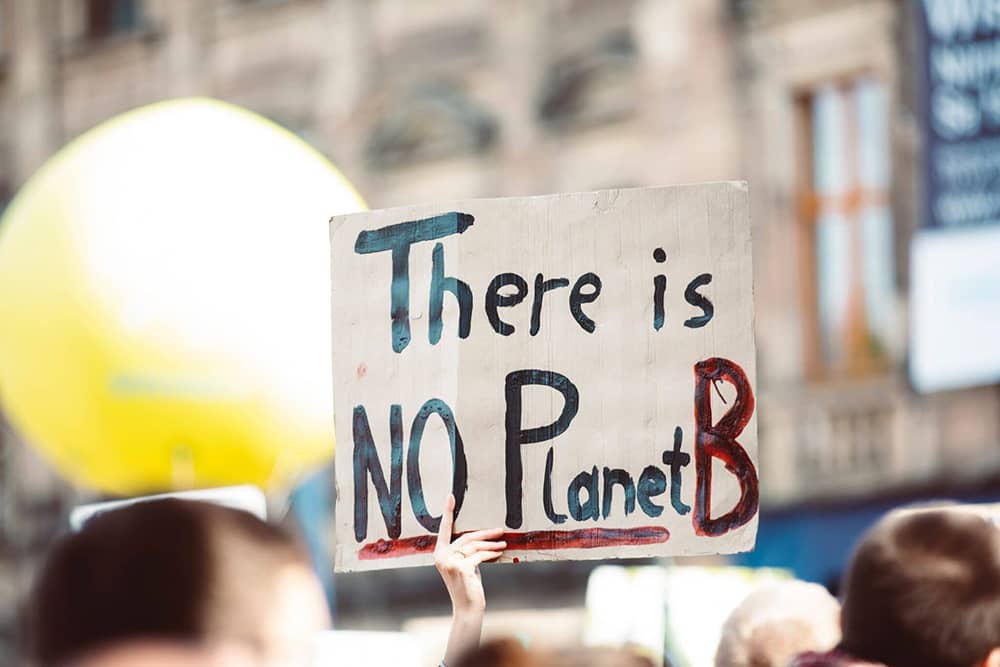 Bordje 'There is no planet B' omhoog gehouden tijdens demonstratie